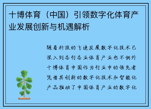 十博体育(中国)引领数字化体育产业发展创新与机遇解析 十博体育(中国)引领数字化体育产业发展创新与机遇解析